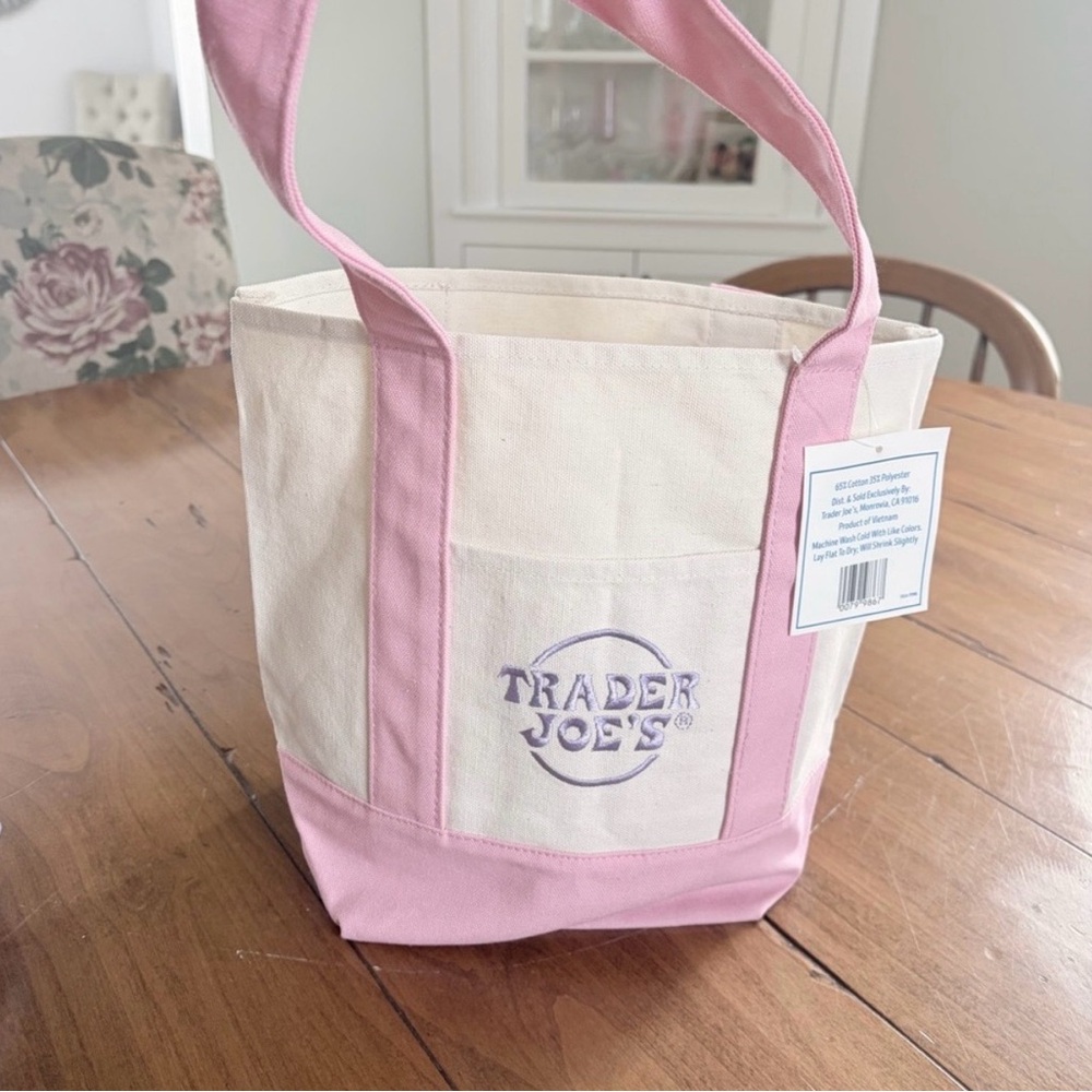 Trader Joe’s Pink & Cream Canvas Mini Tote Bag - Picture 2 of 2